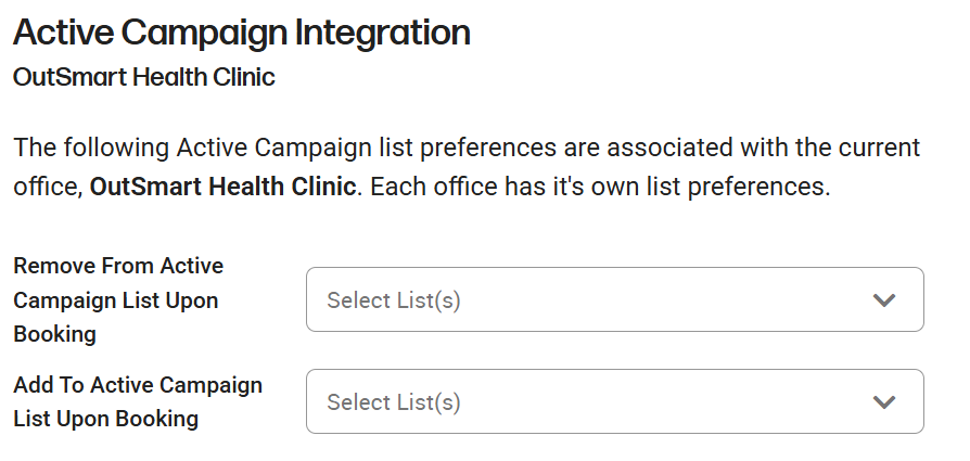 How to connect my Active Campaign email marketing account to my event types.  Shows the Active Campaign marketing settings within the 'Create new event' or 'Edit event' type panel. 